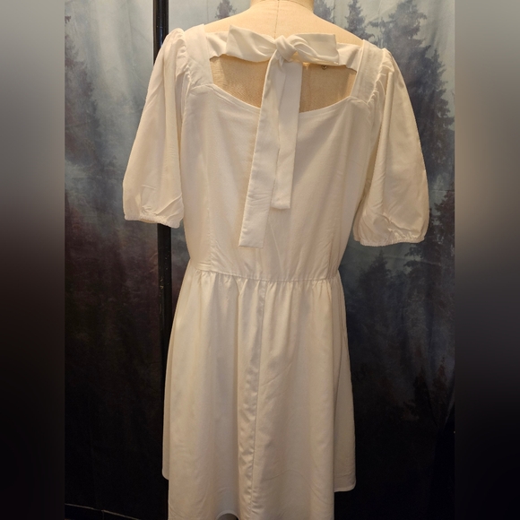 XL OFEEFAN Chic White Puff Sleeve Mini Dress NWT Feminine Tie Back Neckline - Picture 5 of 7